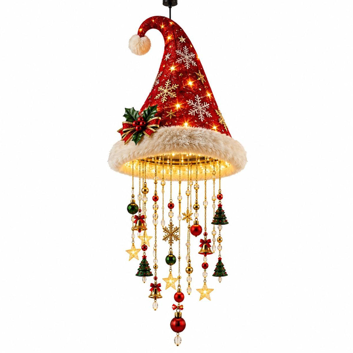 Décoration de Noël Suspendue en Forme de Bonnet de Père Noël - LED Chaudes et Guirlande d'Étoiles de 60 cm