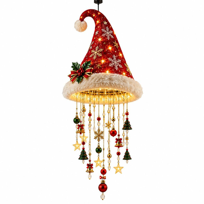 Décoration de Noël Suspendue en Forme de Bonnet de Père Noël - LED Chaudes et Guirlande d'Étoiles de 60 cm