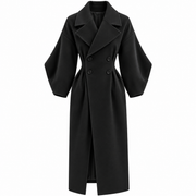 Manteau Maxi d'Hiver pour Femme - Double Boutonnage, Large Col à Revers, Taille Cintrée et Manches Bouffantes