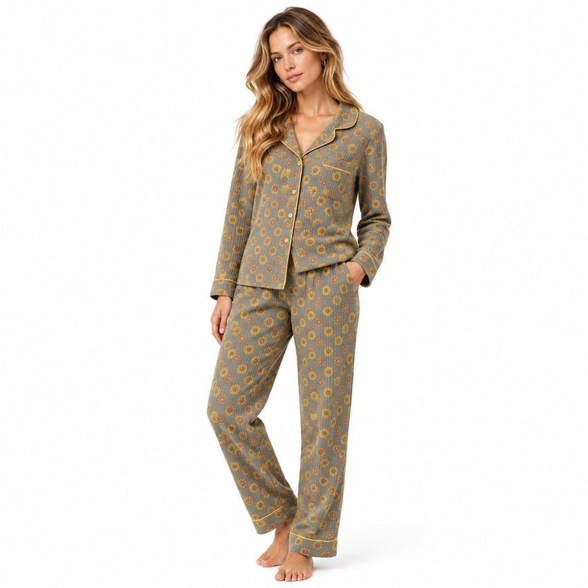 Ensemble de Nuit en Coton - Motif Tournesol avec Col à Revers