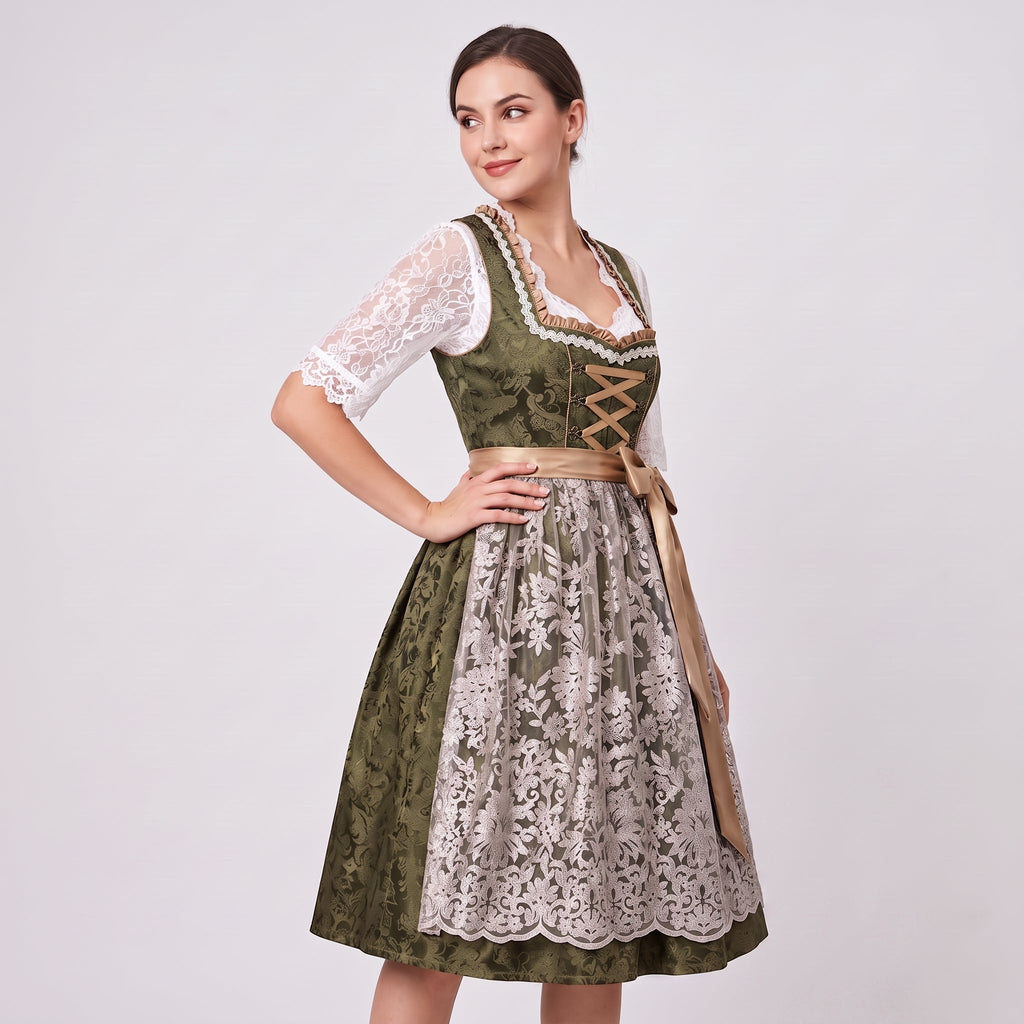Robe Dirndl Femme en Coton & Polyester | Corsage Ajusté & Nœud Floral | Tenue Mi-Genou pour Oktoberfest & Festivals | Valuna