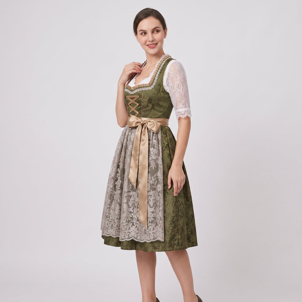 Robe Dirndl Femme en Coton & Polyester | Corsage Ajusté & Nœud Floral | Tenue Mi-Genou pour Oktoberfest & Festivals | Valuna