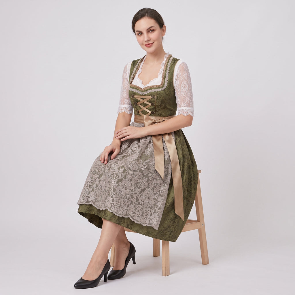 Robe Dirndl Femme en Coton & Polyester | Corsage Ajusté & Nœud Floral | Tenue Mi-Genou pour Oktoberfest & Festivals | Valuna