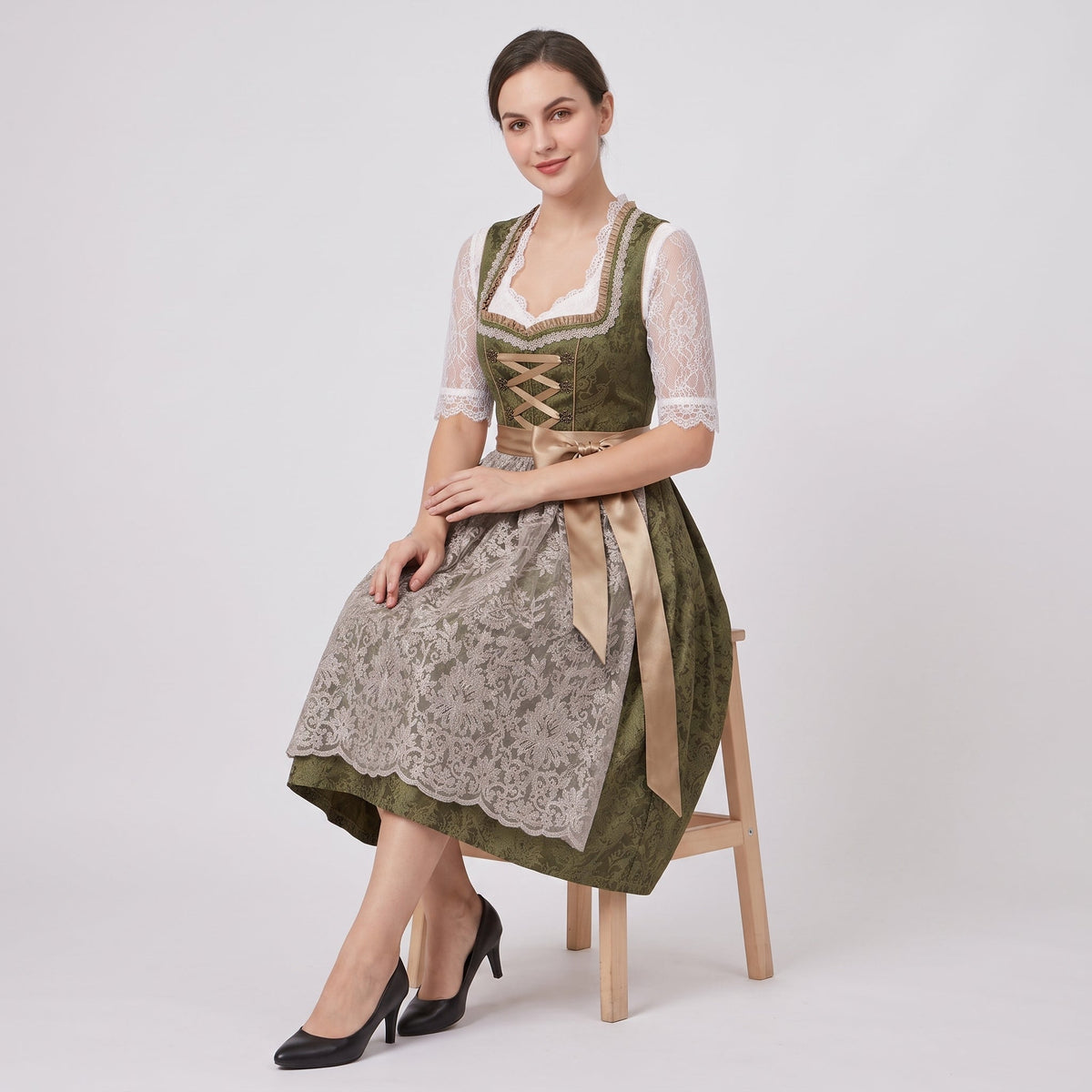Robe Dirndl Femme en Coton & Polyester | Corsage Ajusté & Nœud Floral | Tenue Mi-Genou pour Oktoberfest & Festivals | Valuna