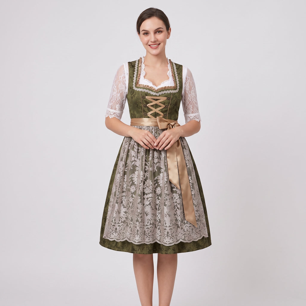 Robe Dirndl Femme en Coton & Polyester | Corsage Ajusté & Nœud Floral | Tenue Mi-Genou pour Oktoberfest & Festivals | Valuna