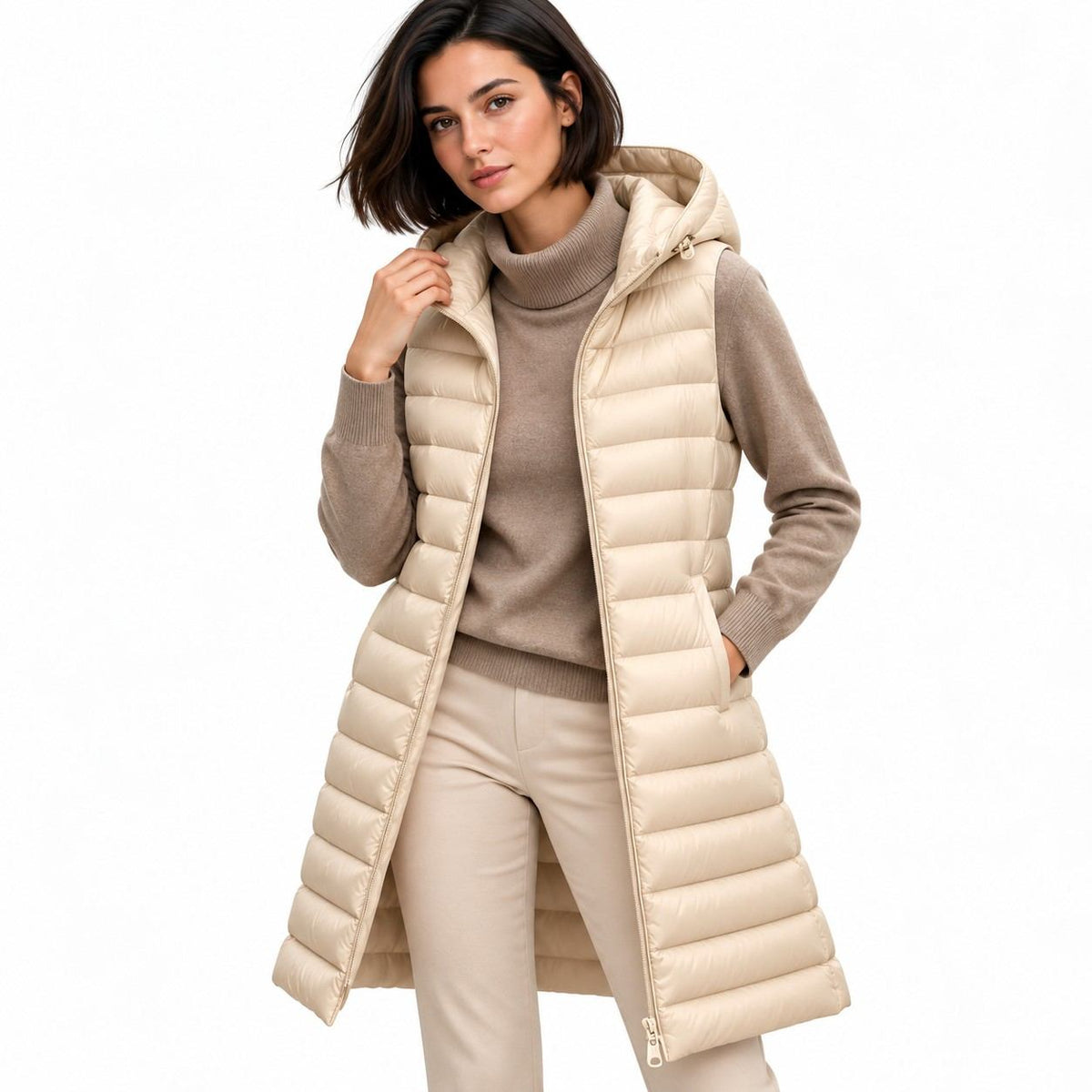 Gilet Matelassé Mi-Long pour Femme - Doudoune Sans Manches Légère avec Capuche Fixe et Rembourrage Doux