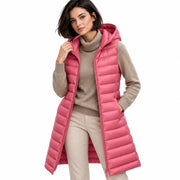 Gilet Matelassé Mi-Long pour Femme - Doudoune Sans Manches Légère avec Capuche Fixe et Rembourrage Doux