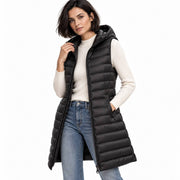 Gilet Matelassé Mi-Long pour Femme - Doudoune Sans Manches Légère avec Capuche Fixe et Rembourrage Doux