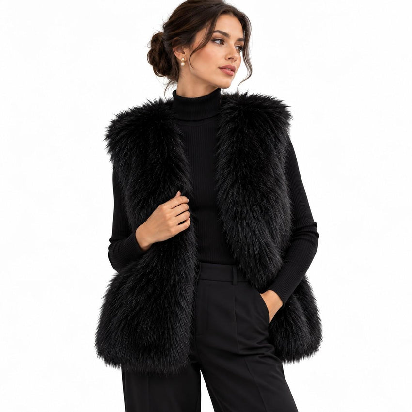 Gilet Sans Manches en Fausse Fourrure pour Femme - Coupe Ample en Polyester
