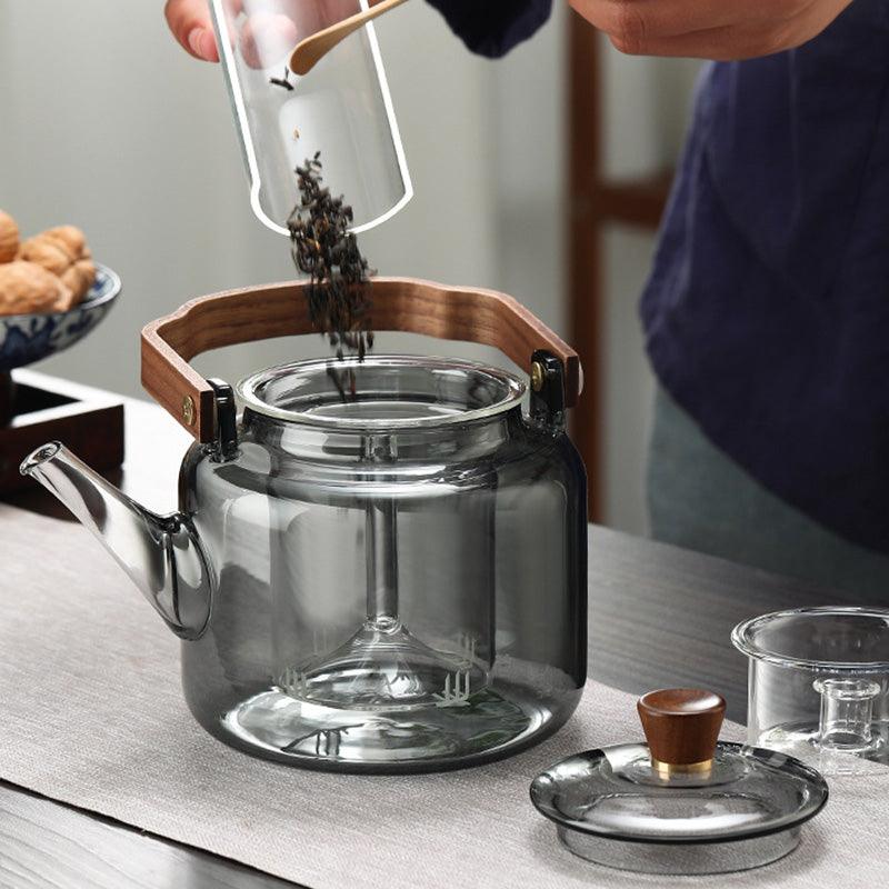 Théière en Verre avec Poignée et Couvercle en Bois - Théière Transparente pour Infusion et Service