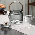 Théière en Verre avec Poignée et Couvercle en Bois - Théière Transparente pour Infusion et Service
