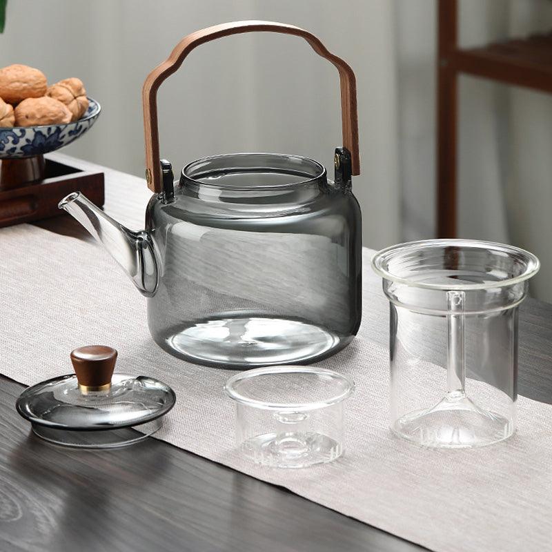 Théière en Verre avec Poignée et Couvercle en Bois - Théière Transparente pour Infusion et Service