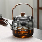Théière en Verre avec Poignée et Couvercle en Bois - Théière Transparente pour Infusion et Service