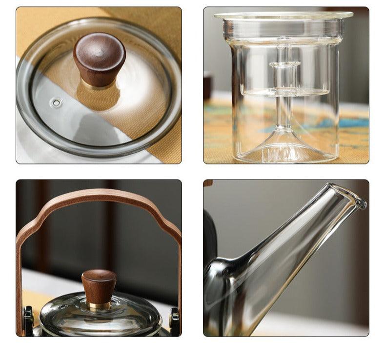 Théière en Verre avec Poignée et Couvercle en Bois - Théière Transparente pour Infusion et Service