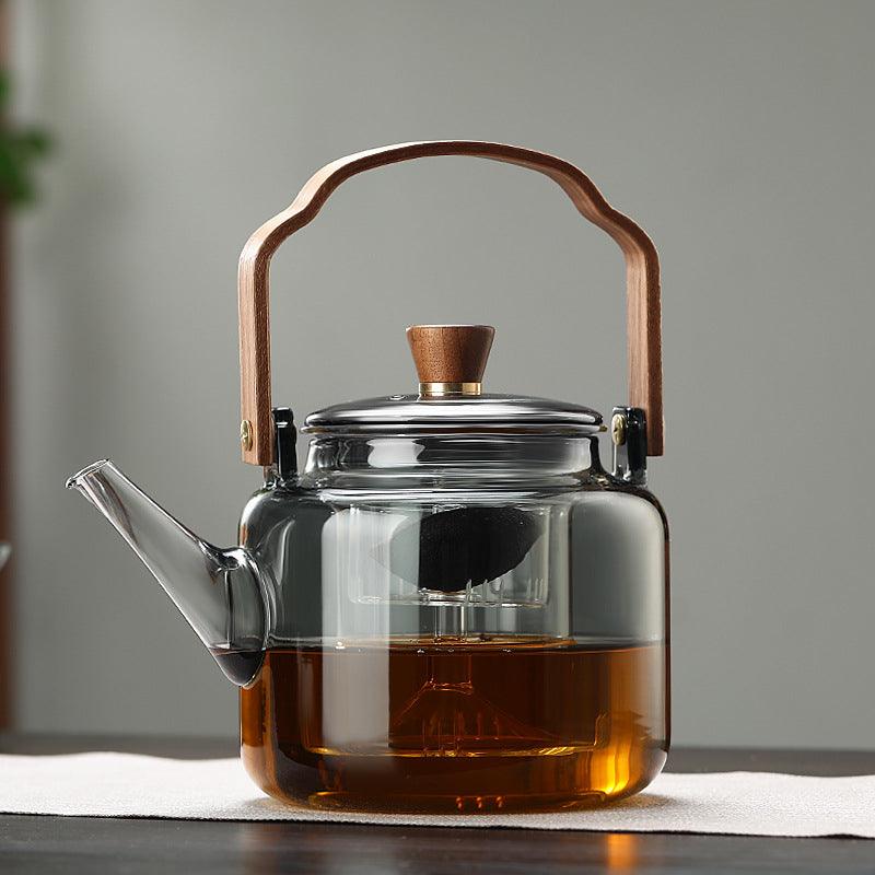 Théière en Verre avec Poignée et Couvercle en Bois - Théière Transparente pour Infusion et Service