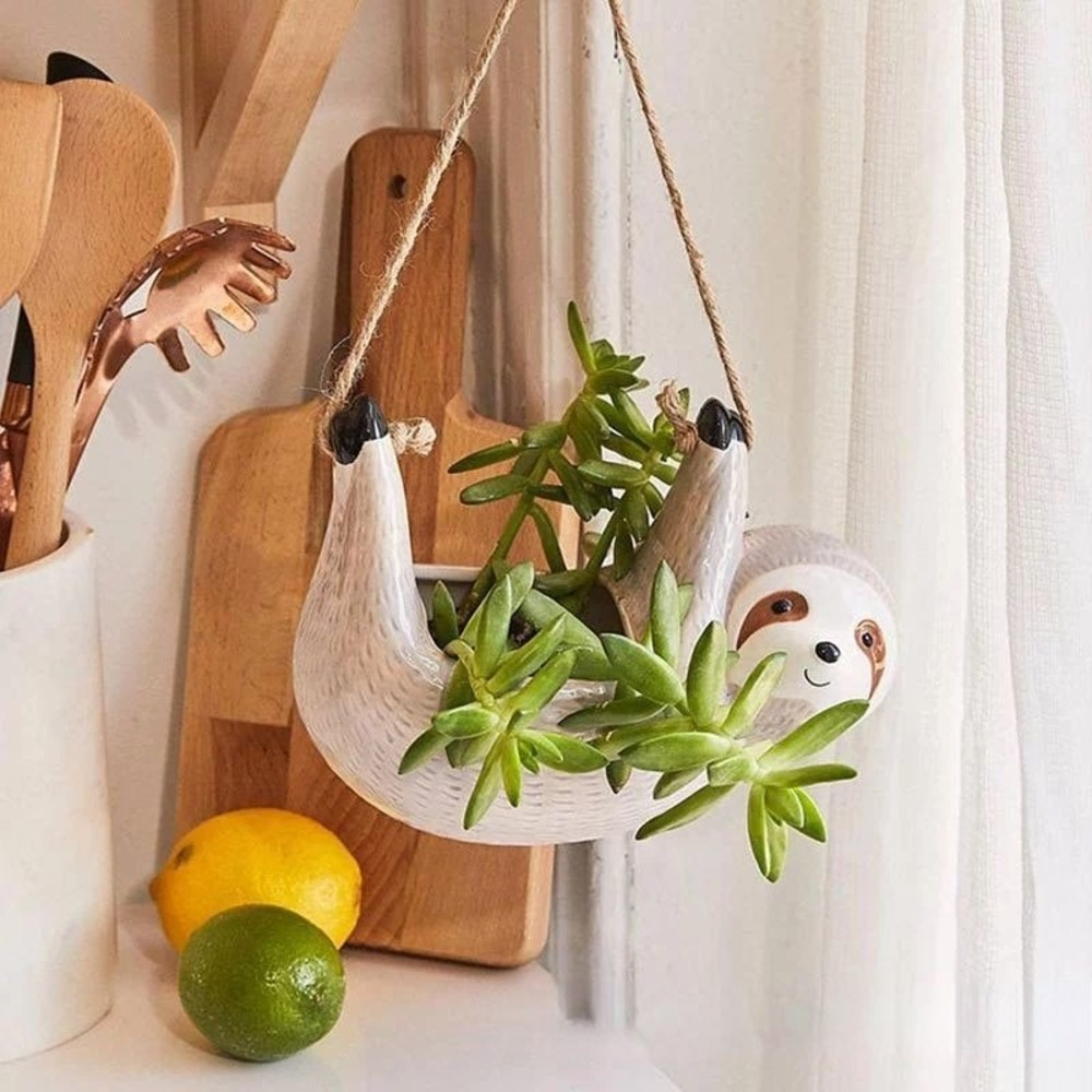 Pot Suspendu en Céramique Forme Chien - Pot Émaillé avec Corde en Jute pour Plantes d'Intérieur
