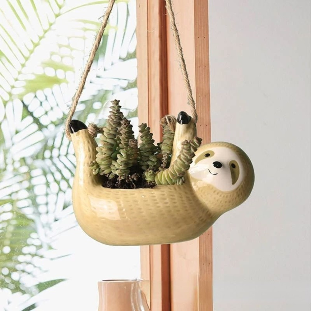 Pot Suspendu en Céramique Forme Chien - Pot Émaillé avec Corde en Jute pour Plantes d'Intérieur
