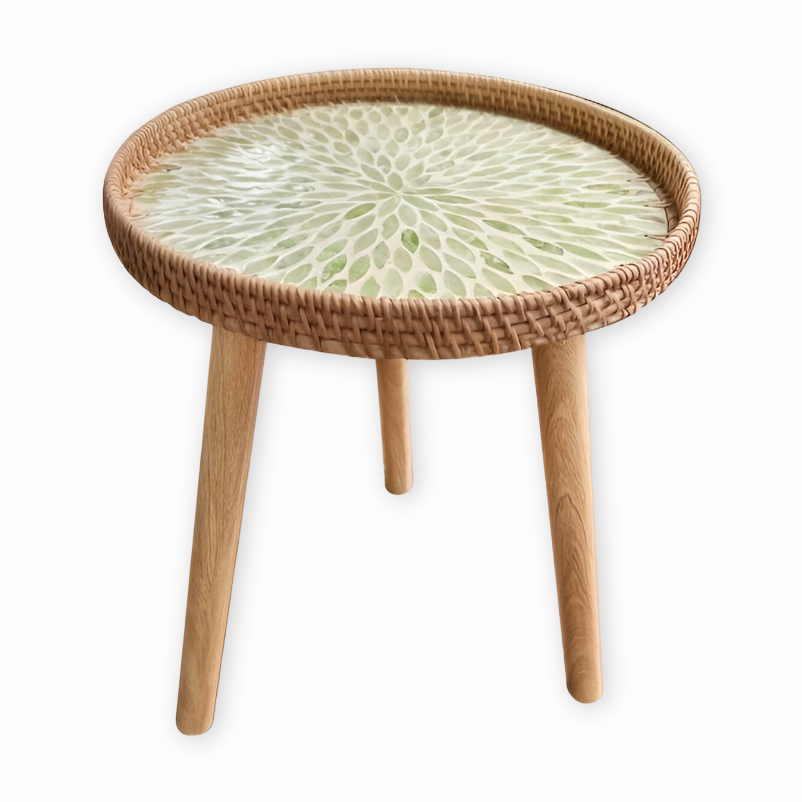 Table Basse Ronde en Rotin avec Plateau en Bois – Meuble Intérieur Fait Main