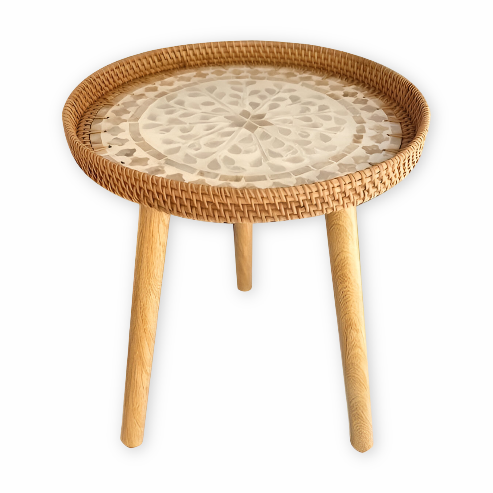Table Basse Ronde en Rotin avec Plateau en Bois – Meuble Intérieur Fait Main