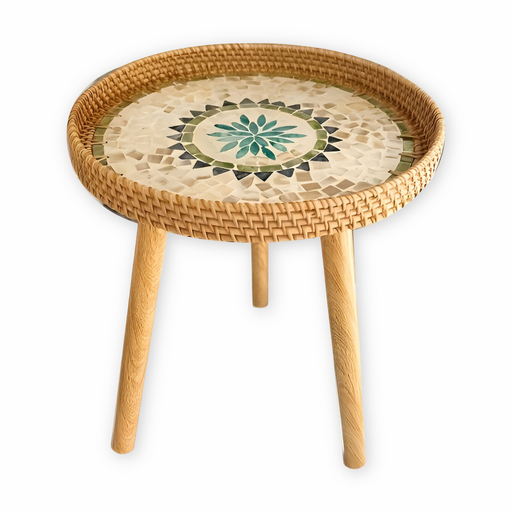 Table Basse Ronde en Rotin avec Plateau en Bois – Meuble Intérieur Fait Main