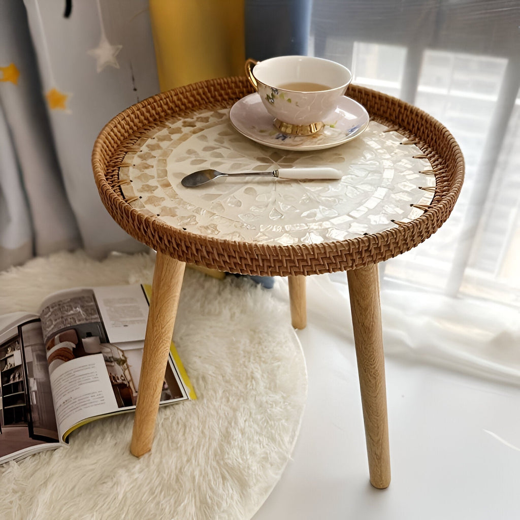 Table Basse Ronde en Rotin avec Plateau en Bois – Meuble Intérieur Fait Main