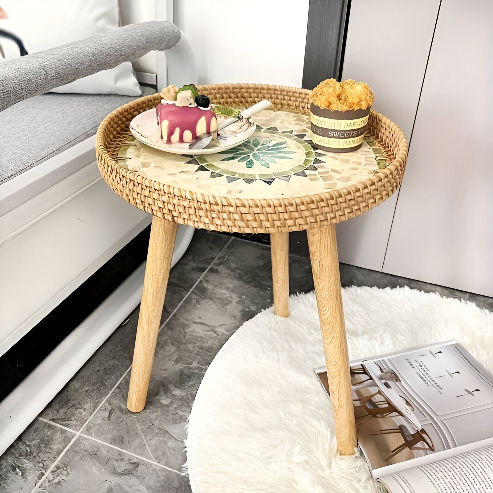 Table Basse Ronde en Rotin avec Plateau en Bois – Meuble Intérieur Fait Main