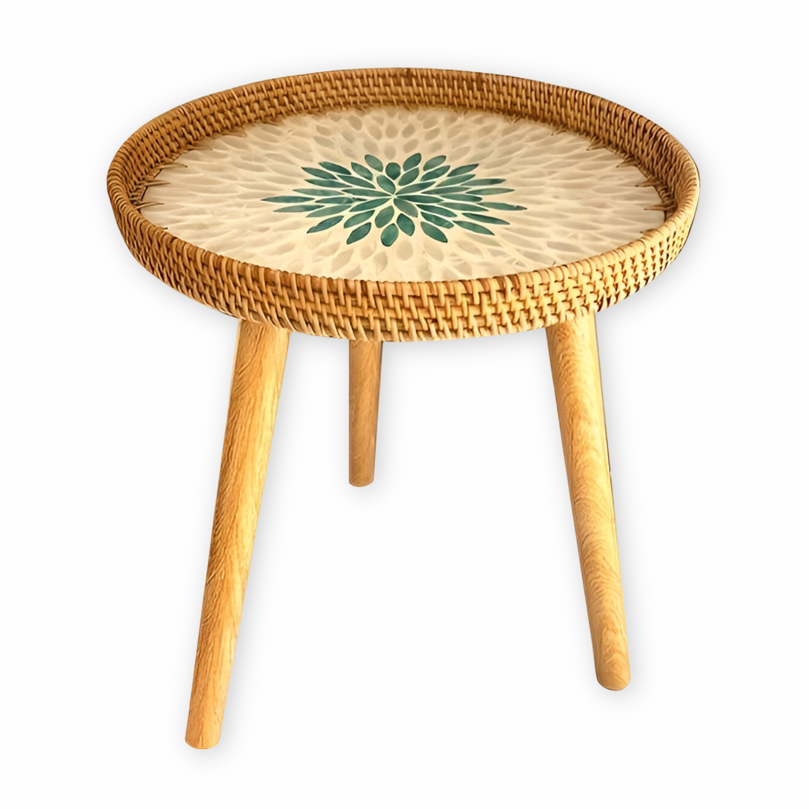 Table Basse Ronde en Rotin avec Plateau en Bois – Meuble Intérieur Fait Main