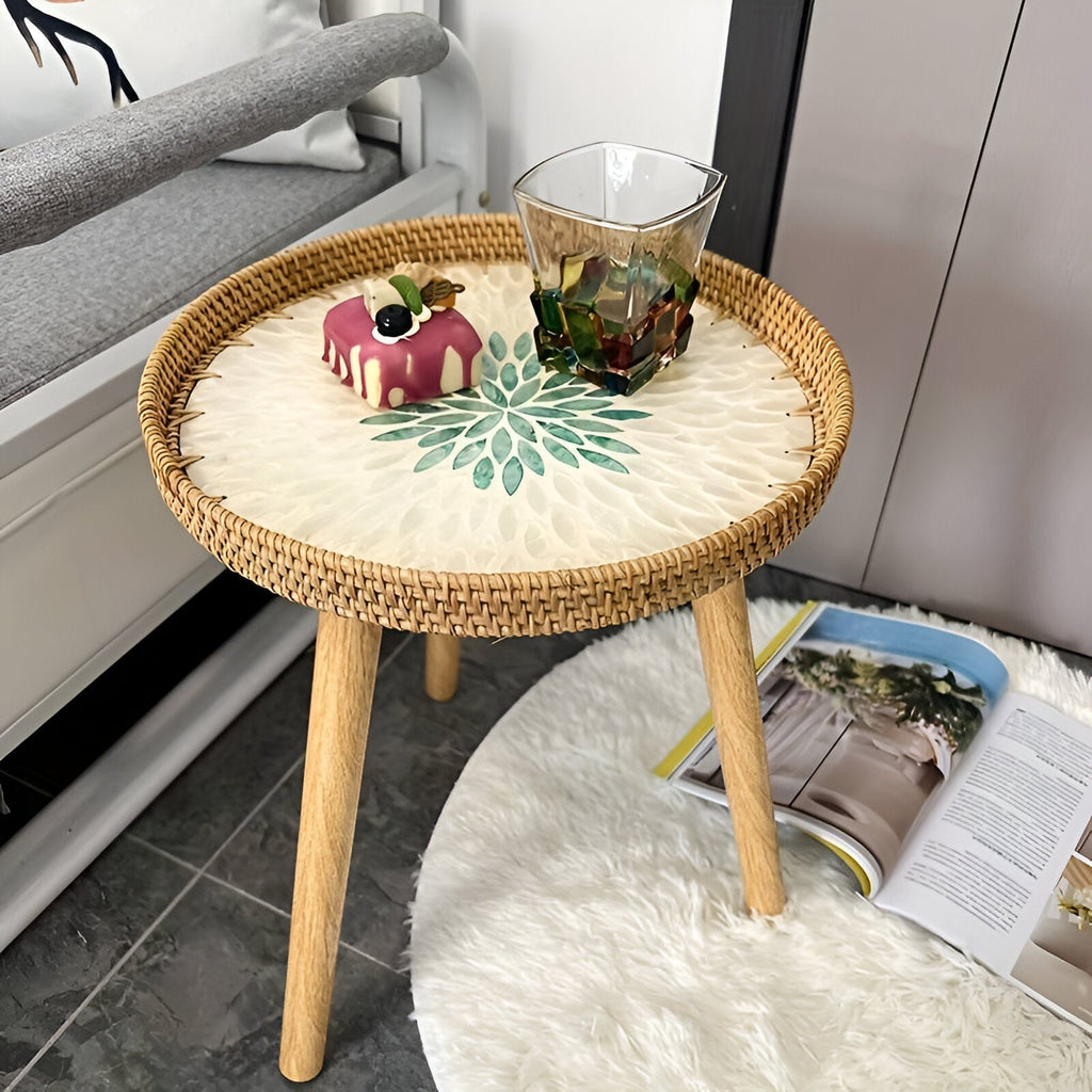 Table Basse Ronde en Rotin avec Plateau en Bois – Meuble Intérieur Fait Main