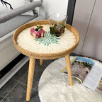 Table Basse Ronde en Rotin avec Plateau en Bois – Meuble Intérieur Fait Main