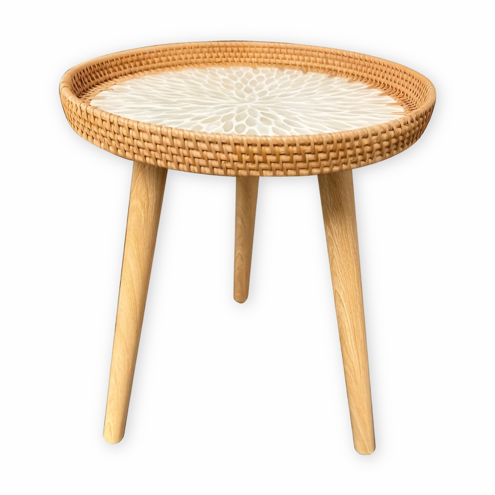 Table Basse Ronde en Rotin avec Plateau en Bois – Meuble Intérieur Fait Main