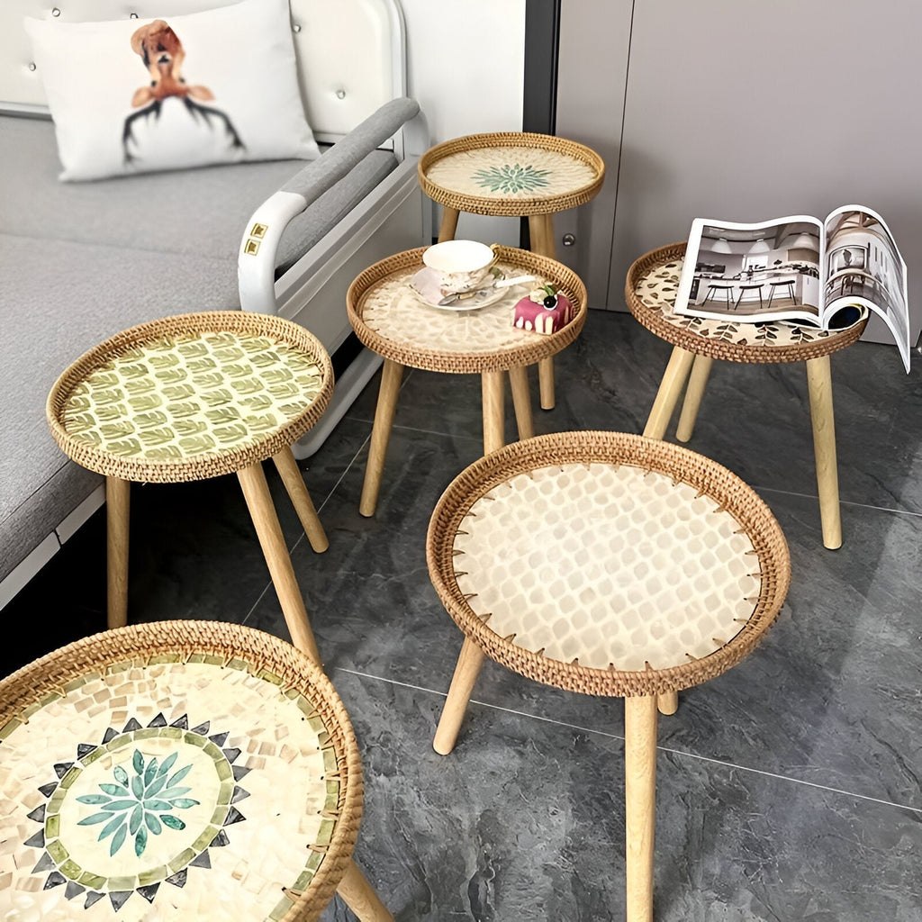 Table Basse Ronde en Rotin avec Plateau en Bois – Meuble Intérieur Fait Main
