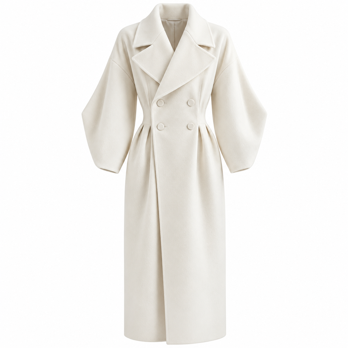 Manteau Maxi d'Hiver pour Femme - Double Boutonnage, Large Col à Revers, Taille Cintrée et Manches Bouffantes
