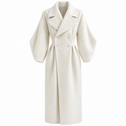 Manteau Maxi d'Hiver pour Femme - Double Boutonnage, Large Col à Revers, Taille Cintrée et Manches Bouffantes