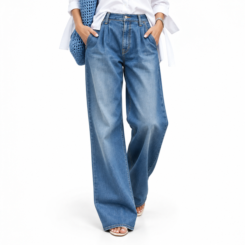 Jean Femme 100 % Coton - Coupe Décontractée à Jambe Droite et Taille Mi-Haute