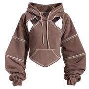 Hoodie Cropped Femme - Découpes aux Épaules avec Coutures Contrastantes et Manches Ballon