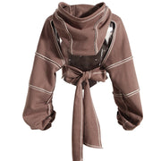 Hoodie Cropped Femme - Découpes aux Épaules avec Coutures Contrastantes et Manches Ballon