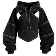 Hoodie Cropped Femme - Découpes aux Épaules avec Coutures Contrastantes et Manches Ballon