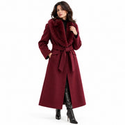 Manteau Long en Laine pour Femme - Col en Fourrure Amovible avec Ceinture Ajustable et Fermeture Boutonnée