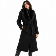 Manteau Long en Laine pour Femme - Col en Fourrure Amovible avec Ceinture Ajustable et Fermeture Boutonnée