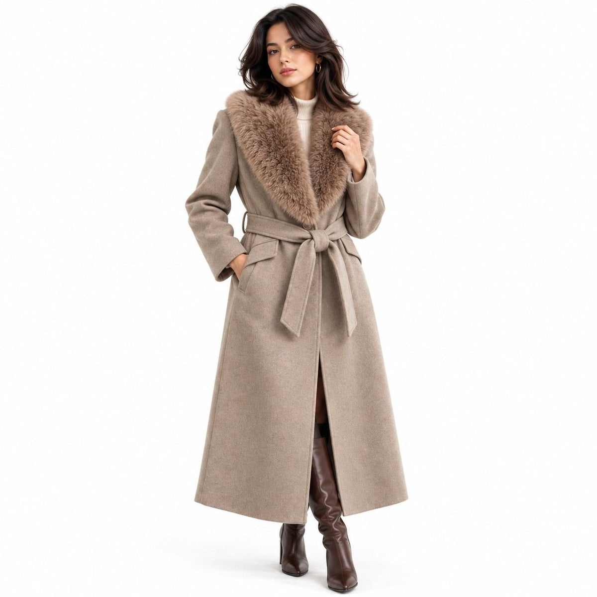 Manteau Long en Laine pour Femme - Col en Fourrure Amovible avec Ceinture Ajustable et Fermeture Boutonnée