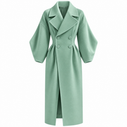 Manteau Maxi d'Hiver pour Femme - Double Boutonnage, Large Col à Revers, Taille Cintrée et Manches Bouffantes