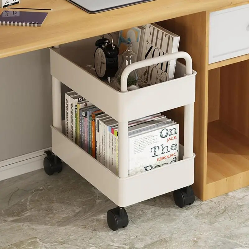 Chariot à Livres en Métal à 2 Niveaux - Rangement Mobile avec Roulettes et Porte-Stylos