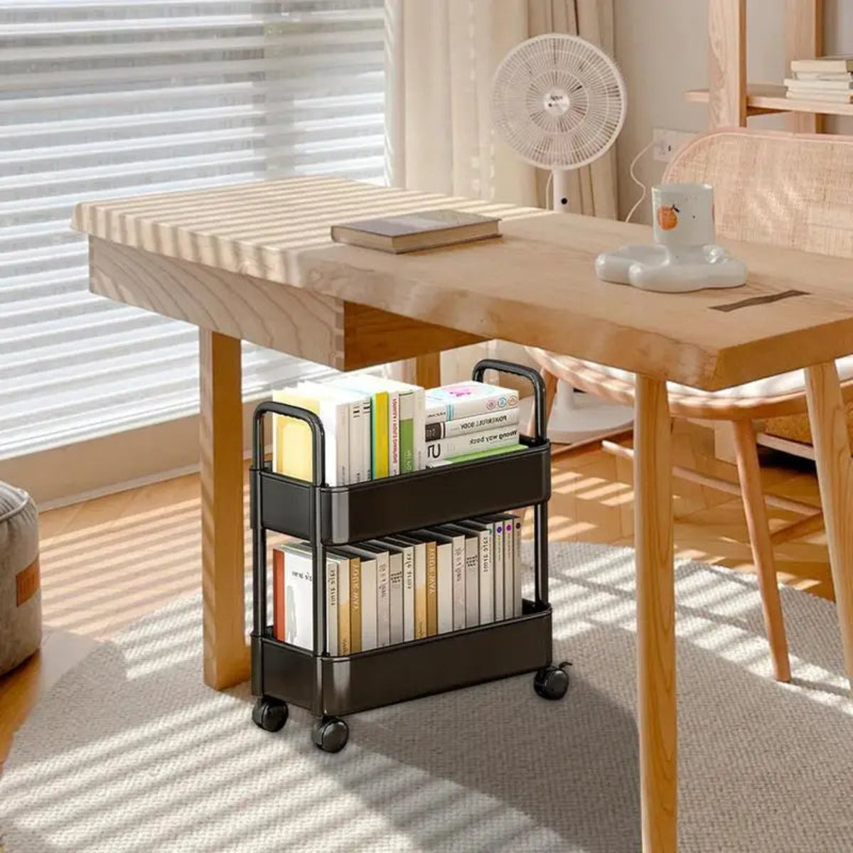 Chariot à Livres en Métal à 2 Niveaux - Rangement Mobile avec Roulettes et Porte-Stylos