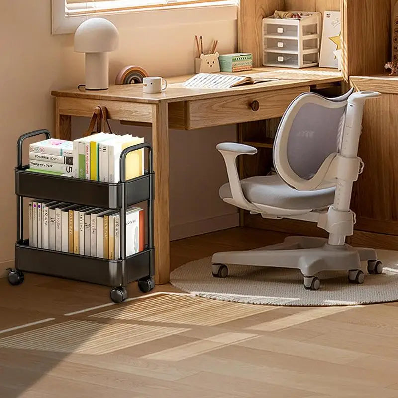Chariot à Livres en Métal à 2 Niveaux - Rangement Mobile avec Roulettes et Porte-Stylos