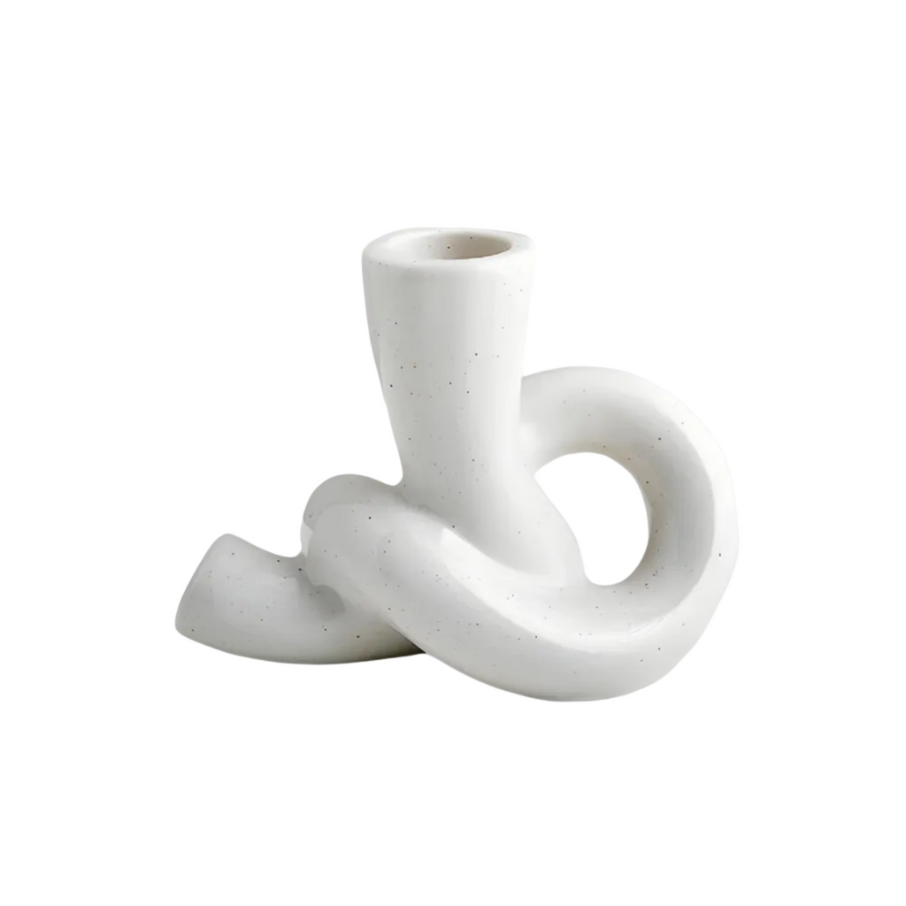 Bougeoir en Céramique Blanche - Sculpture Torsadée avec Finition Mouchetée