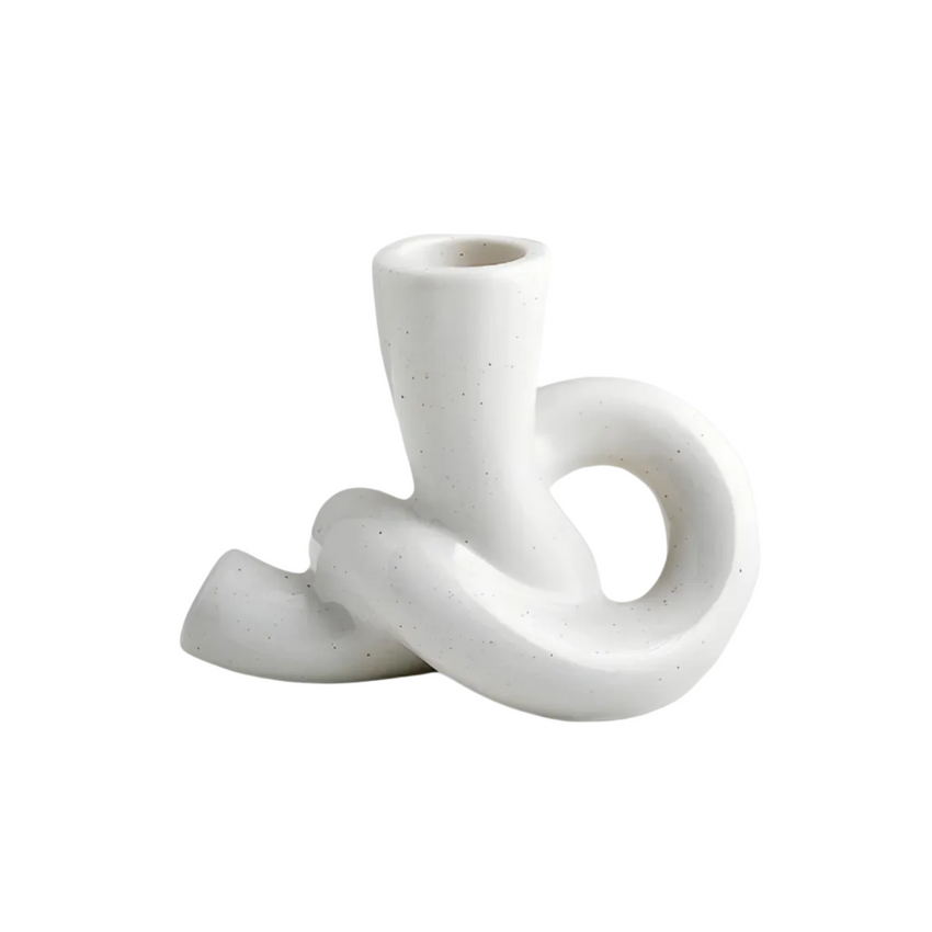 Bougeoir en Céramique Blanche - Sculpture Torsadée avec Finition Mouchetée