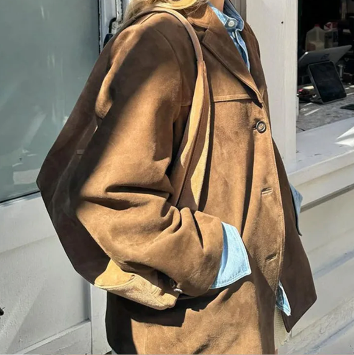 Veste Femme en Suédine | Coupe Oversized & Fermeture à Bouton | Manches Longues avec Poches pour l'Automne | Valuna