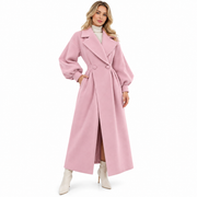 Manteau Maxi d'Hiver pour Femme - Double Boutonnage, Large Col à Revers, Taille Cintrée et Manches Bouffantes