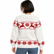 Pull de Noël Tricoté pour Femme - Motifs Rennes et Flocons de Neige, Coupe Décontractée et Finitions Côtelées
