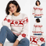 Pull de Noël Tricoté pour Femme - Motifs Rennes et Flocons de Neige, Coupe Décontractée et Finitions Côtelées